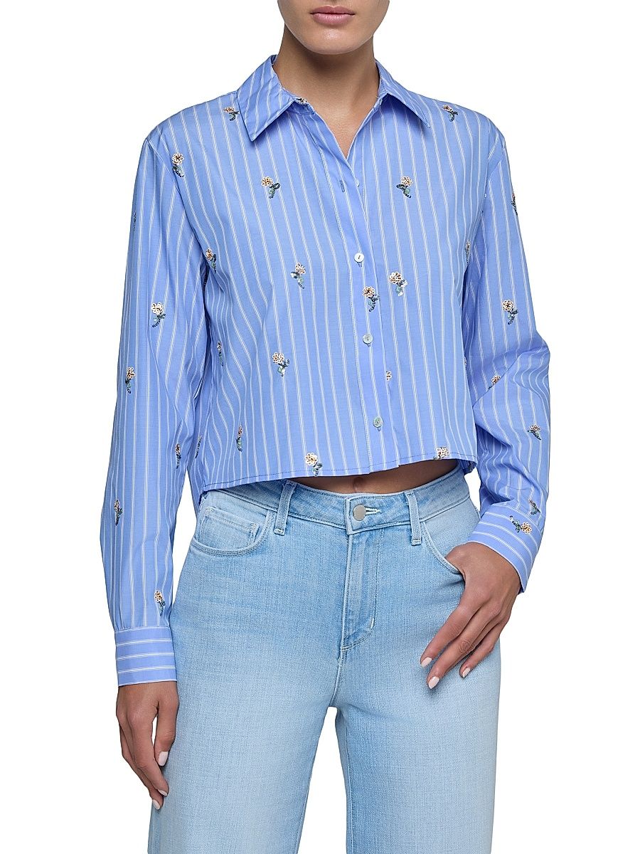 Women's Cosette Sequin-Embellished Cropped Shirt - Blue Stripe Sequin Flower - Size XL