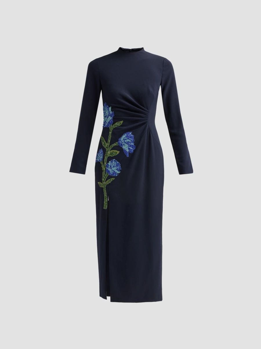 Lela Rose Women's Floral-Embroidered Ruched Crepe Midi Dress - Navy Ultraviolet - Size 0
