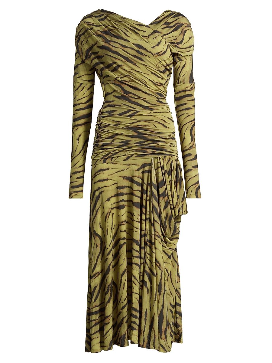 Women's Zebra-Print Ruched Dress - Khaki - Size 14