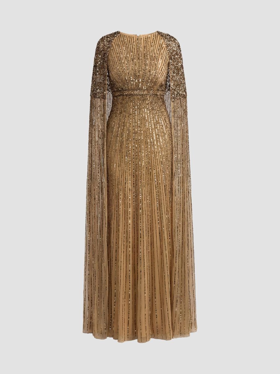 Mac Duggal Women's Beaded Mesh Cape-Sleeve Gown - Light Bronze - Size 20