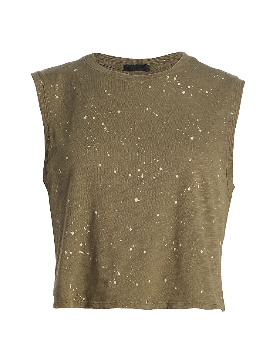 Women's Paint Splatter Cropped Sleeveless Top - Army Faded Dune - Size Medium