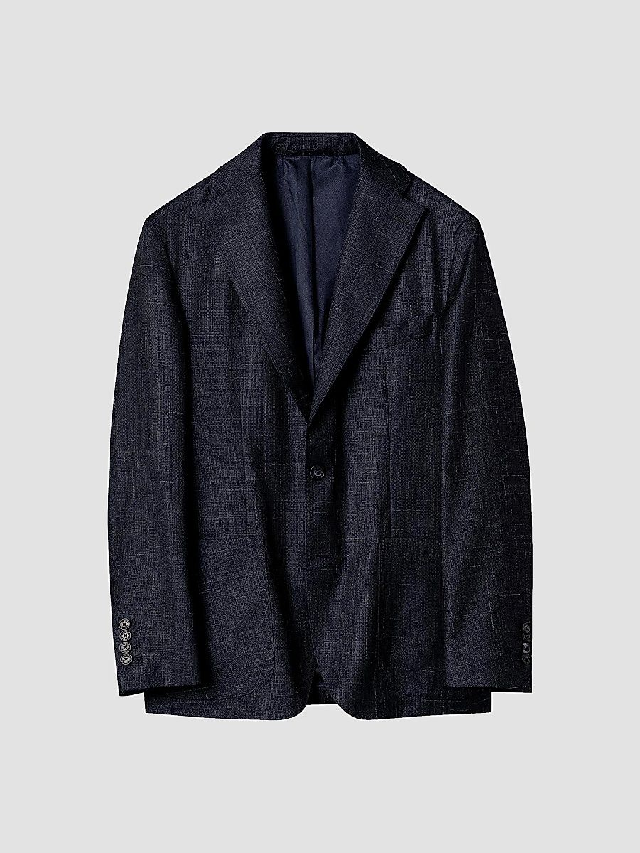 Men's Brushed-Plaid Wool-Silk Jacket - Navy - Size 48