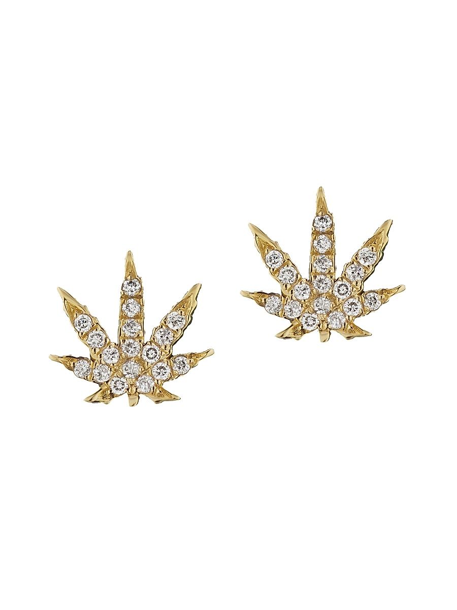 Women's 18K Yellow Gold & Diamond Cannabis Stud Earrings - Gold