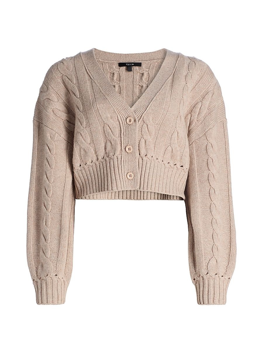 Women's Luxe Cable Knit Wool-Cashmere Cardigan - Beige Melange - Size Large