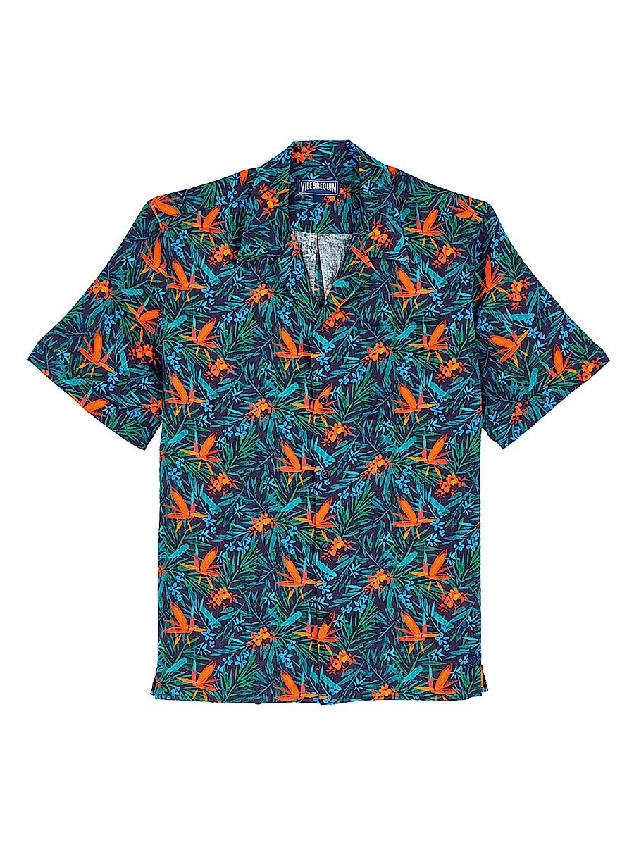 Men's Tropical Flowers Linen Camp Shirt - Blue Marine - Size XL