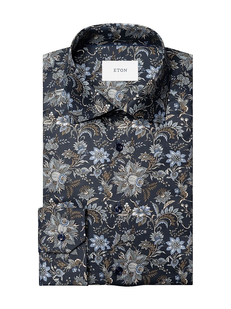 Men's Slim-Fit Floral Cotton Twill Shirt - Navy - Size 17.5