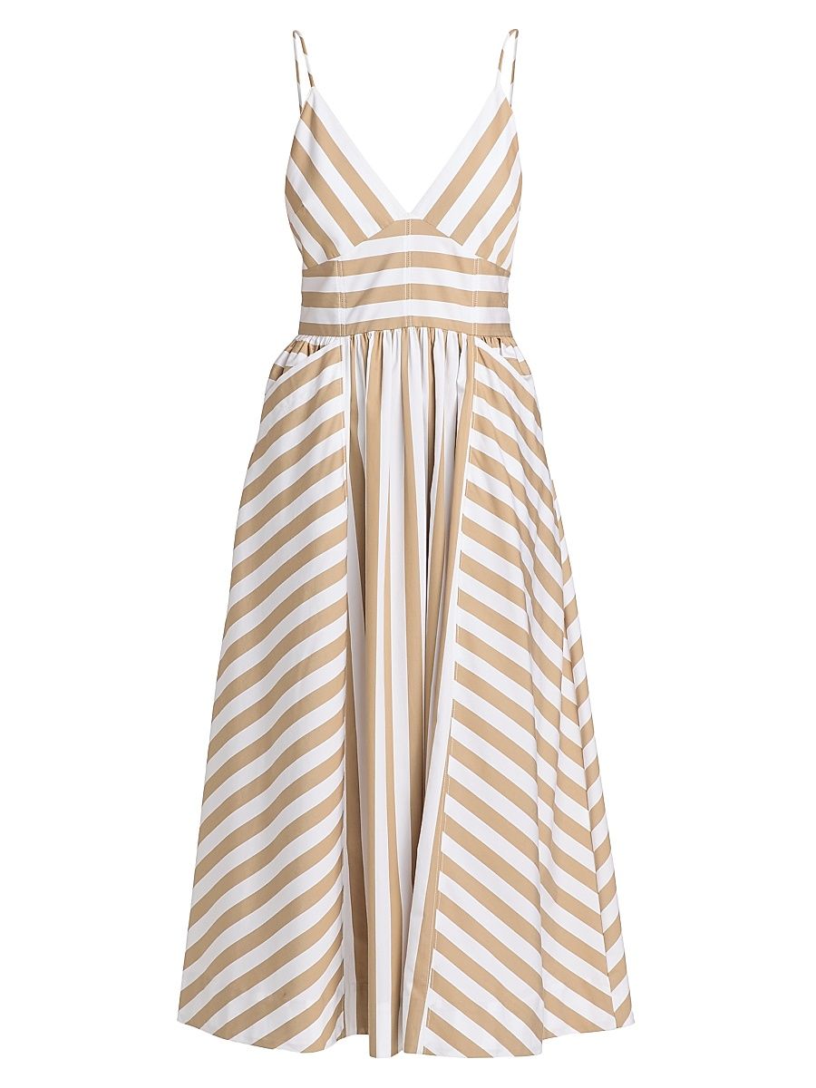 Women's Vivien Striped Cotton Midi-Dress - Optic White Dark Khaki - Size 8