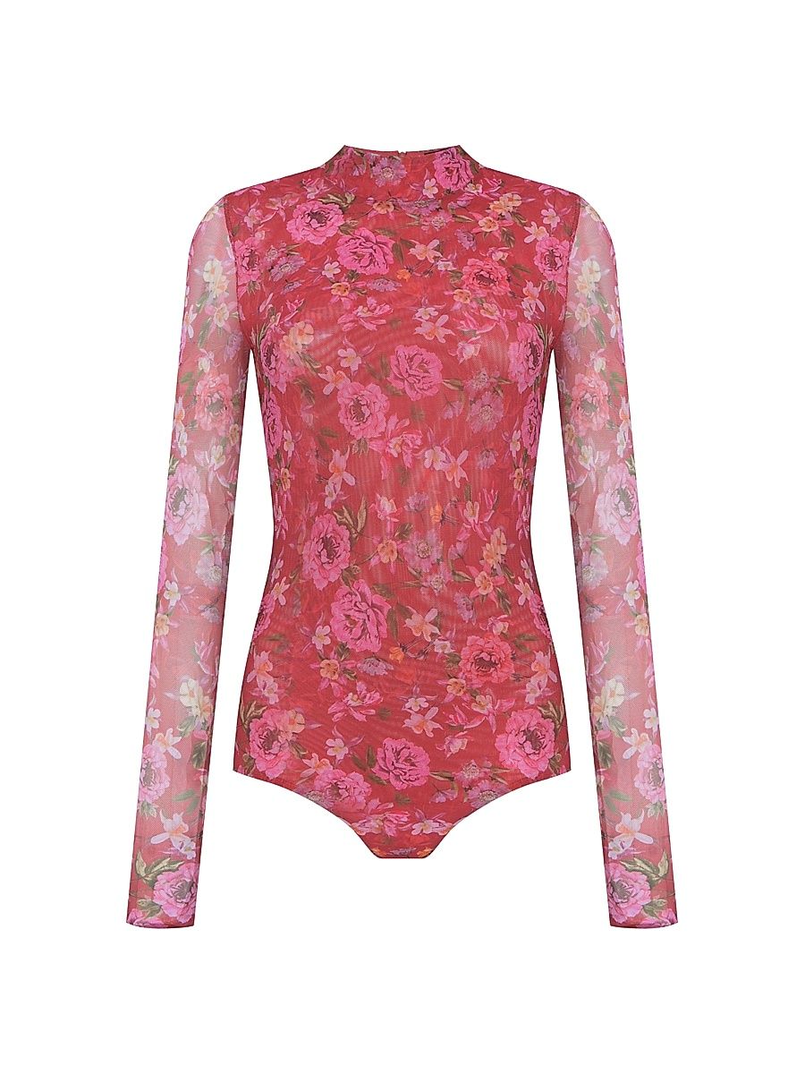 Women's Peony Floral Mesh Bodysuit - Red - Size XS