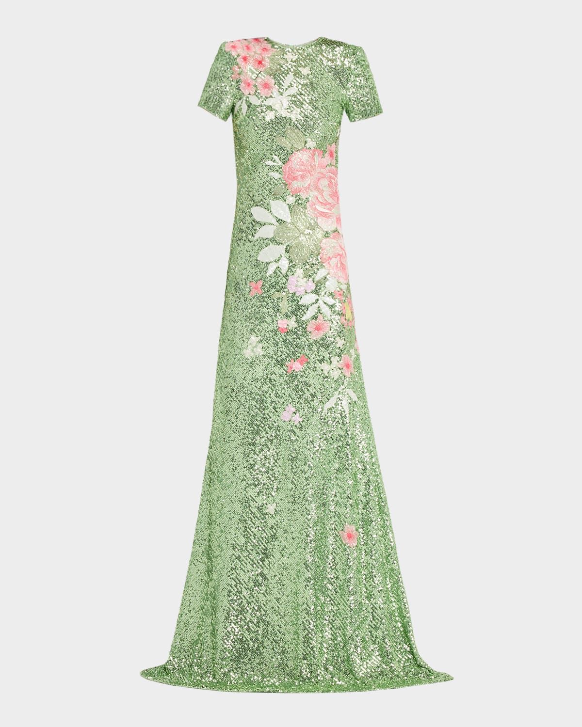 Floral Embroidered Short-Sleeve Sequined Gown