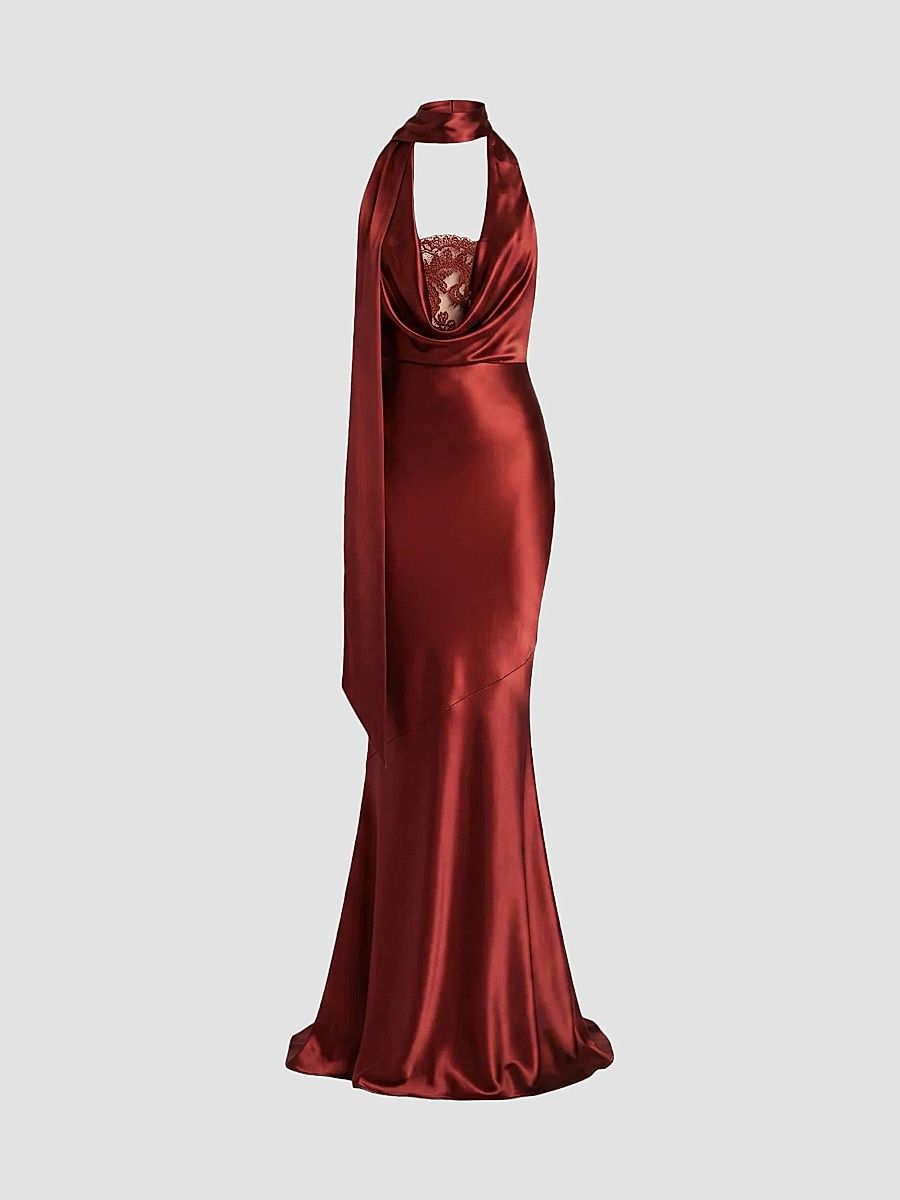 Women's Melly Satin Halterneck Maxi-Dress - Cigar - Size XL