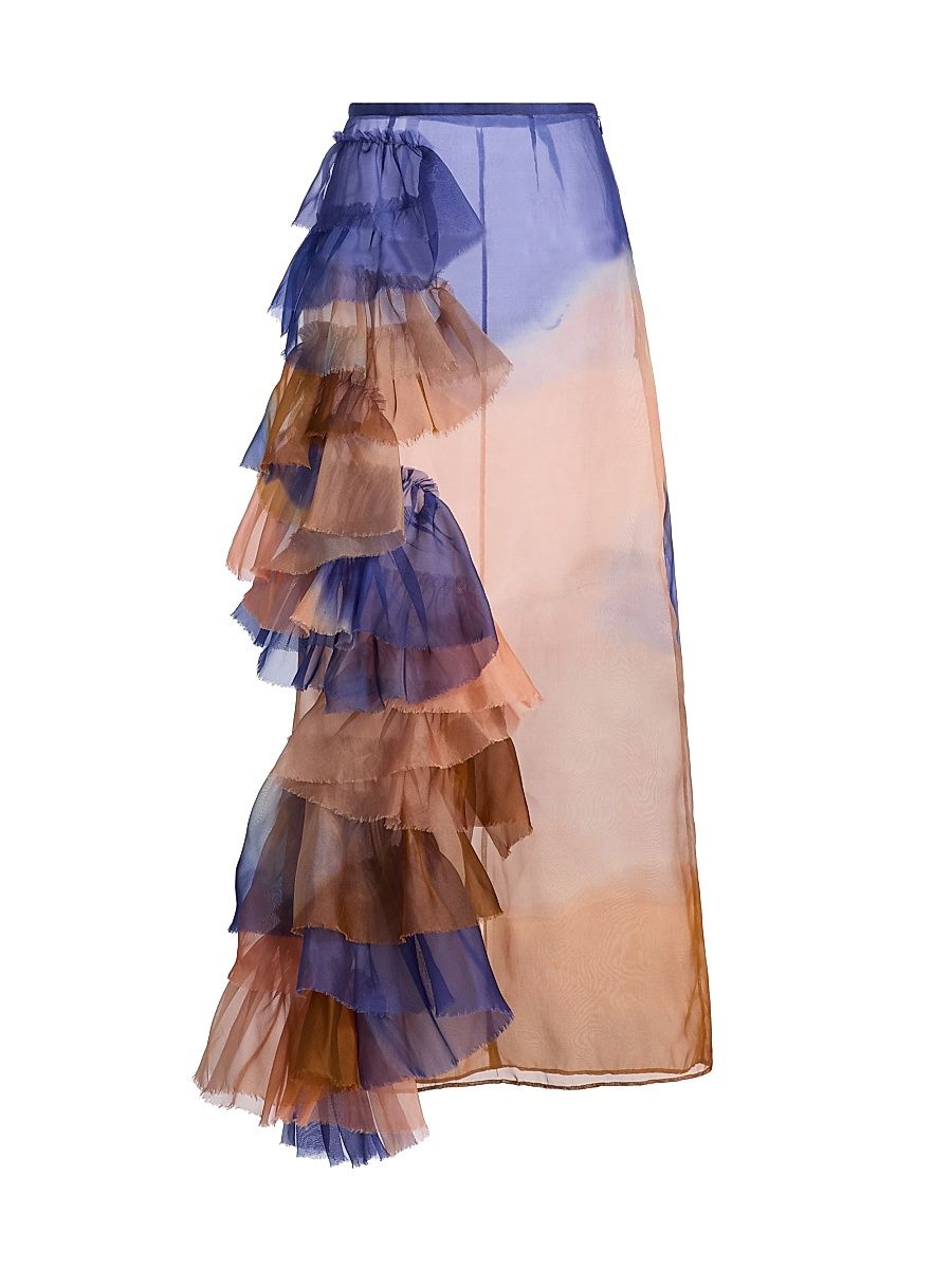 Women's Yelena Ruffled Gradient Silk Maxi Skirt - Moontide - Size 12