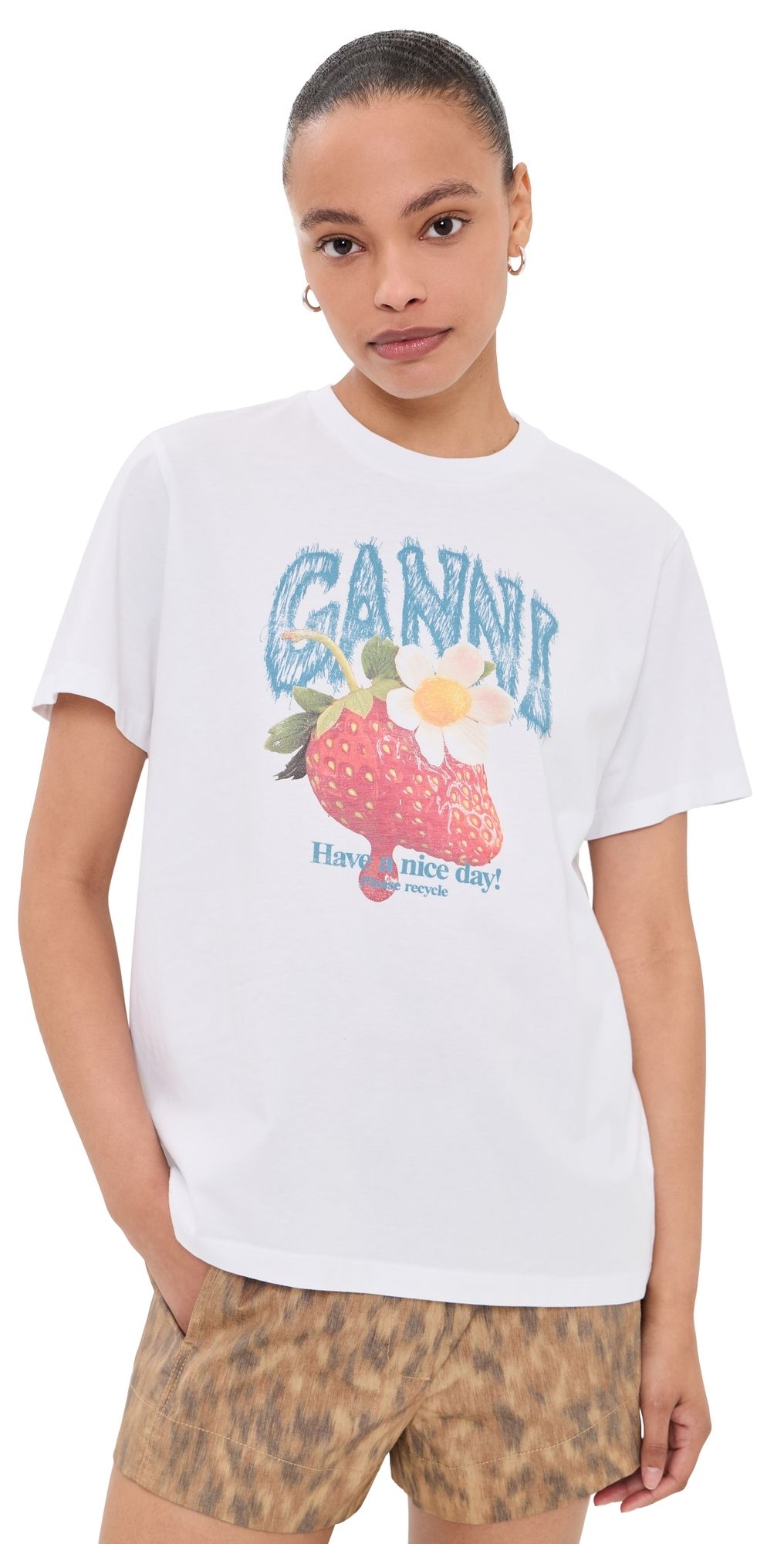 GANNI Basic Cotton Jersey Strawberry Print Tee Bright White XXS