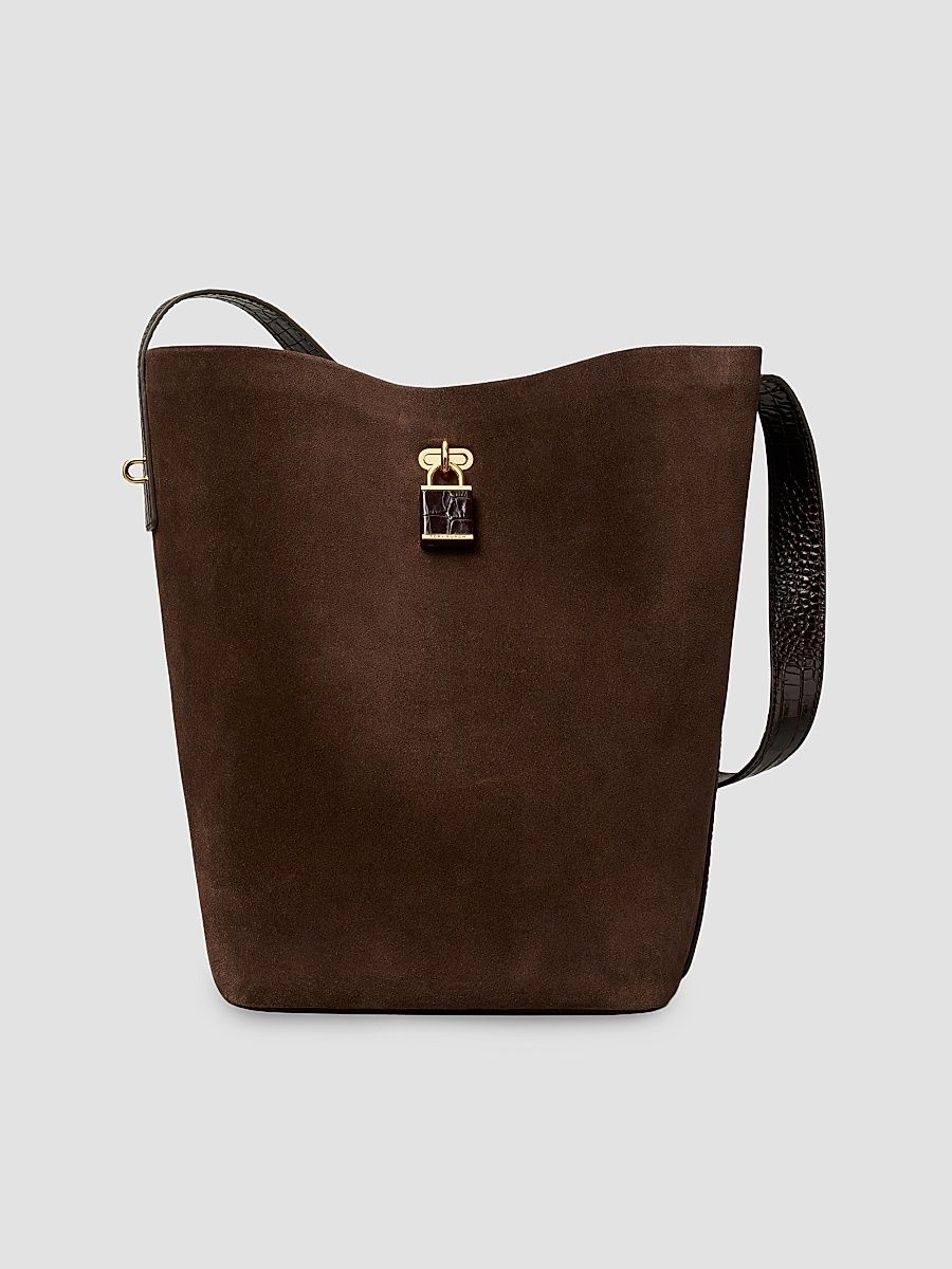 Tory Burch Women's Lock Suede Bucket Bag - Dark Cocoa