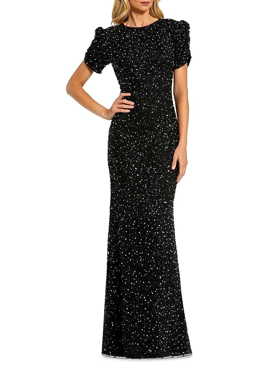 Women's Beaded Short-Sleeve Gown - Black - Size 12
