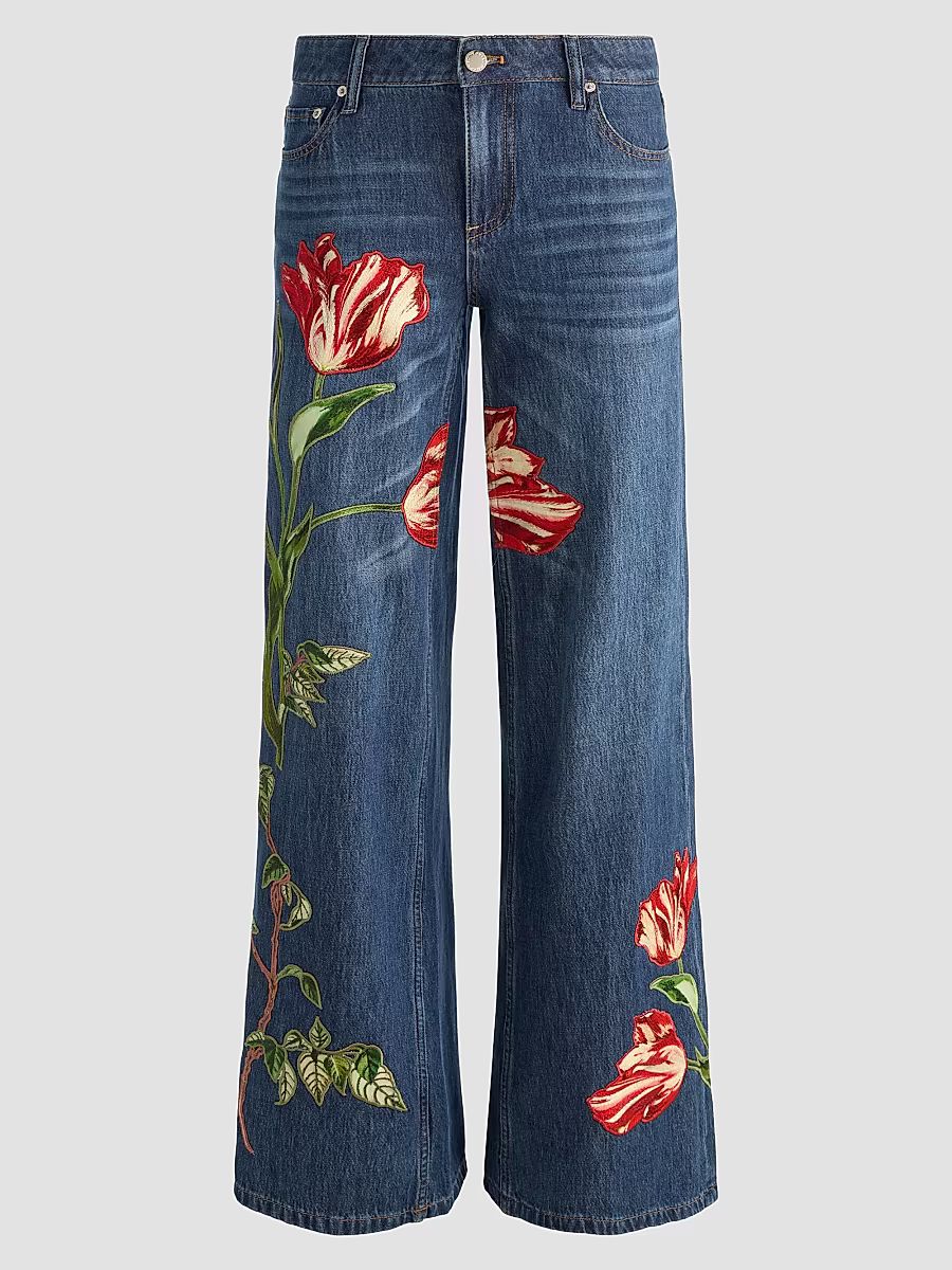 Women's Amazing Embroidered Appliqué Baggy Low-Rise Jeans - Freyja Blue Soft Tulip - Size 32
