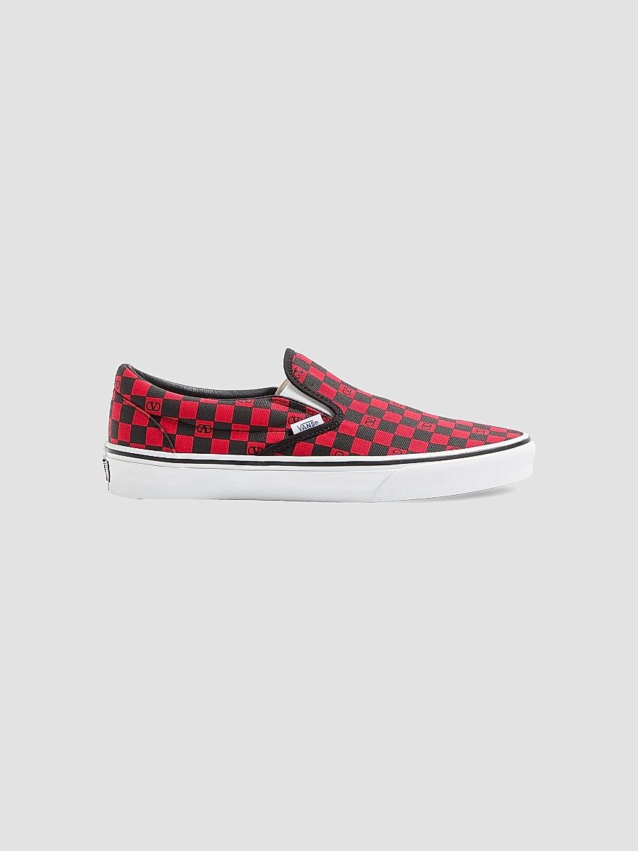Valentino Men's Valentino Garavani and Vans Slip-On Sneakers in Fabric with VLogo Checkerboard Print - Rouge Pur Black - Size 10