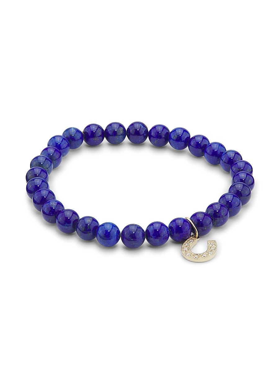 Women's 14K Yellow Gold, Lapis Lazuli & 0.08 TCW Diamond Horseshoe Beaded Stretch Bracelet - Lapis