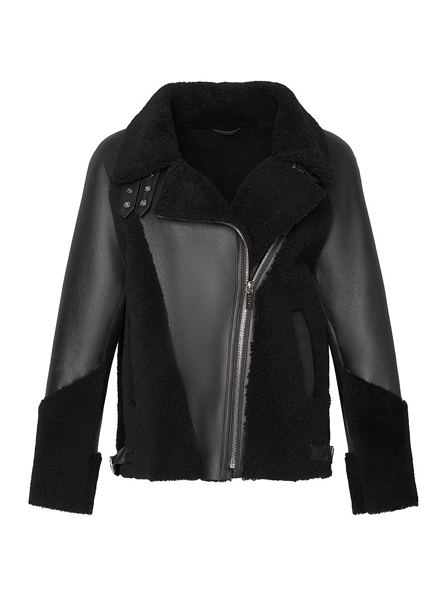 Women's Shearling Lamb Zip Moto Jacket - Black - Size Large