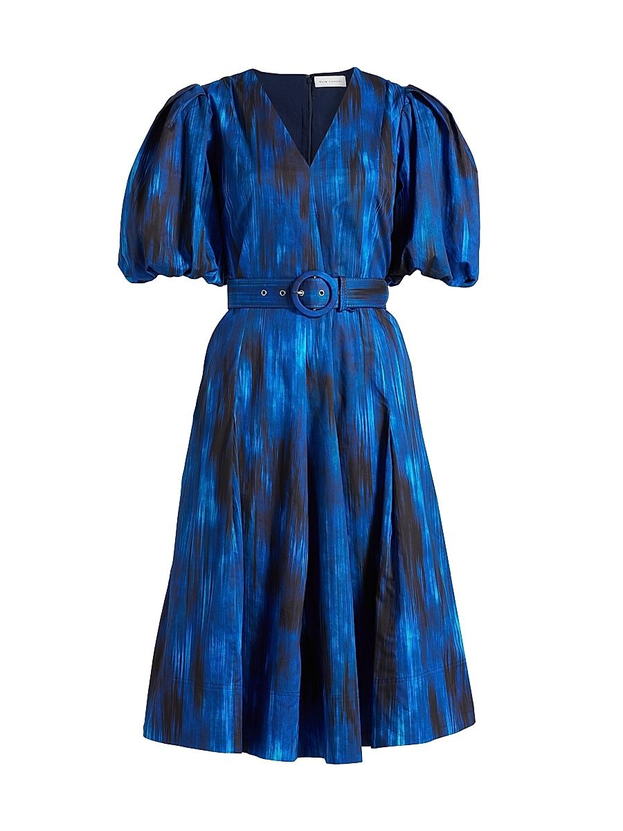 Women's Miriam Printed Cotton Belted Knee-Length Dress - Tonal Water Canvas Print - Size 16