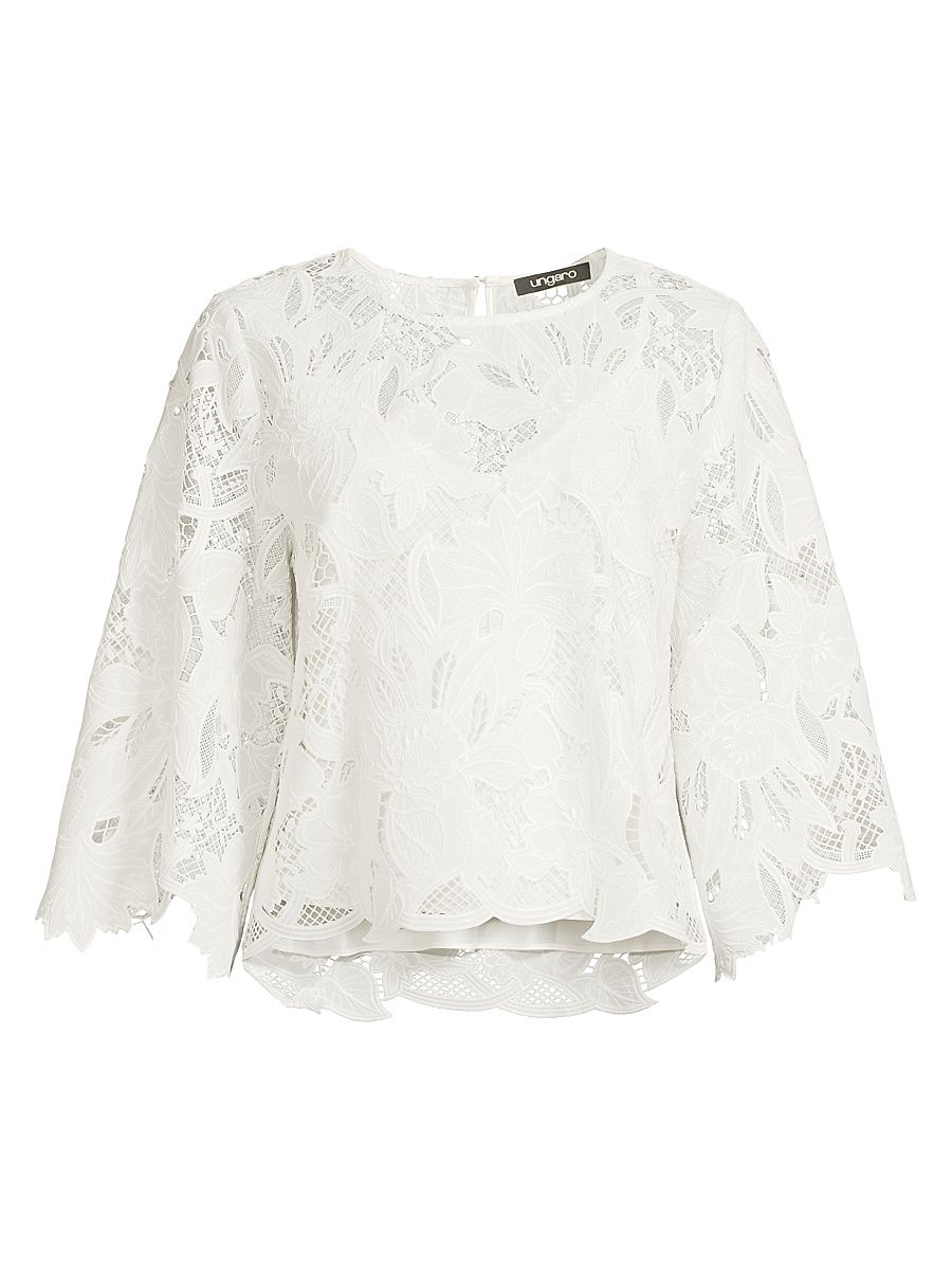 Women's Vienna Lace Three-Quarter Sleeve Blouse - White - Size Medium