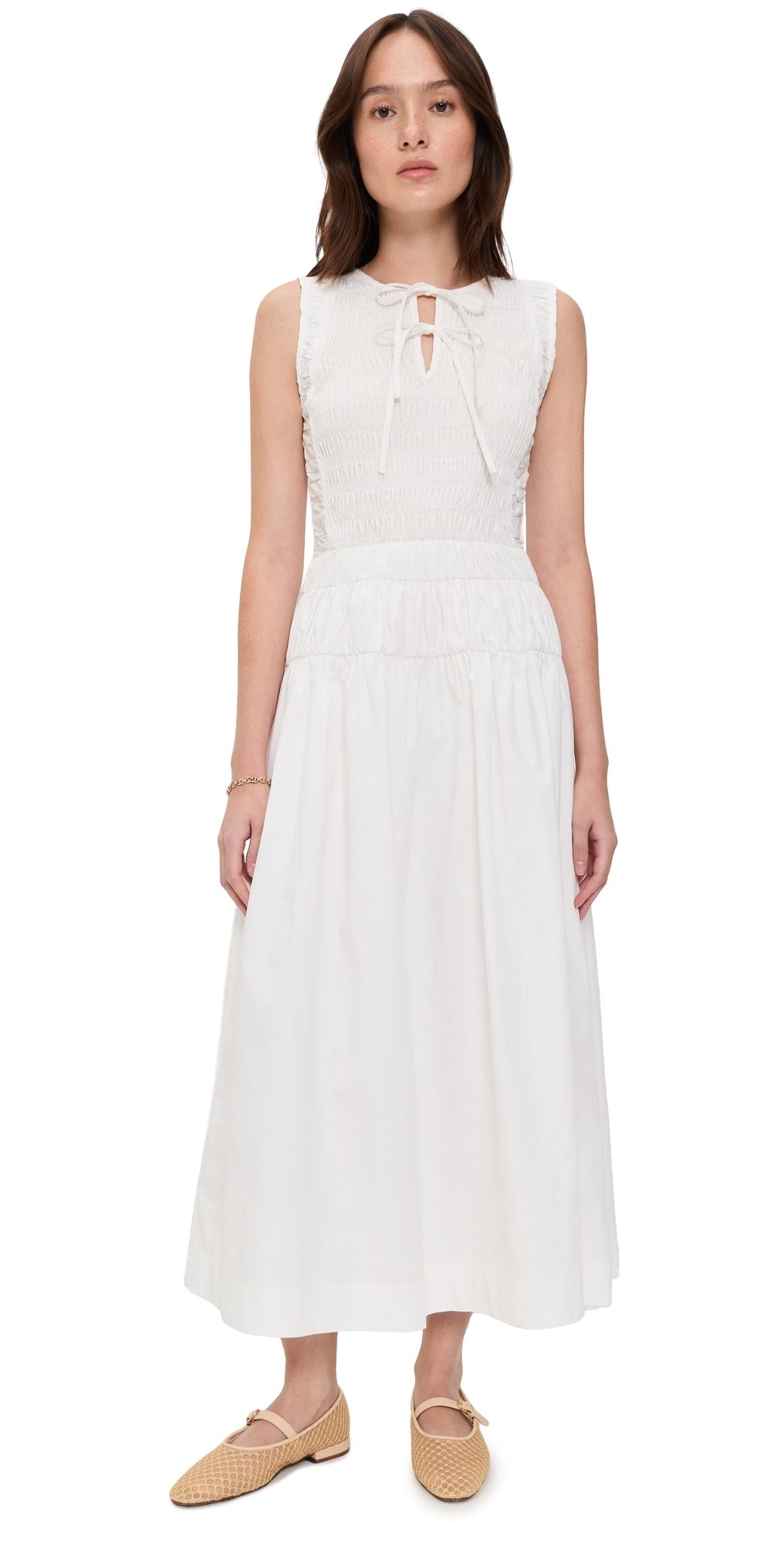 Moon River Smocked Shirred Midi Dress White M