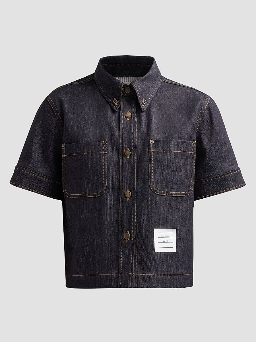 Women's Cotton-Denim Button-Down Shirt - Navy - Size 10