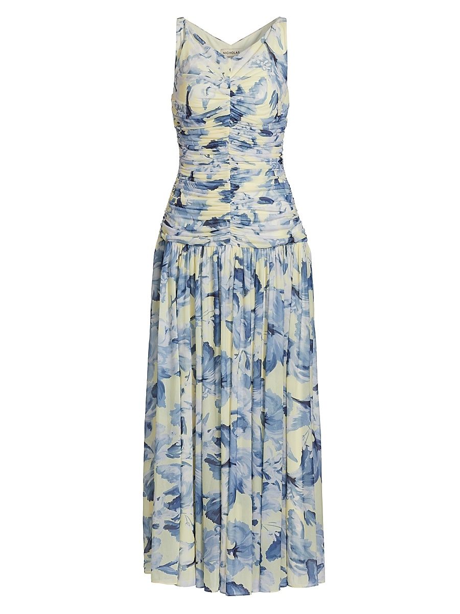 Women's Melia Floral Ruched Midi-Dress - Luna Sky Wildflower - Size 8