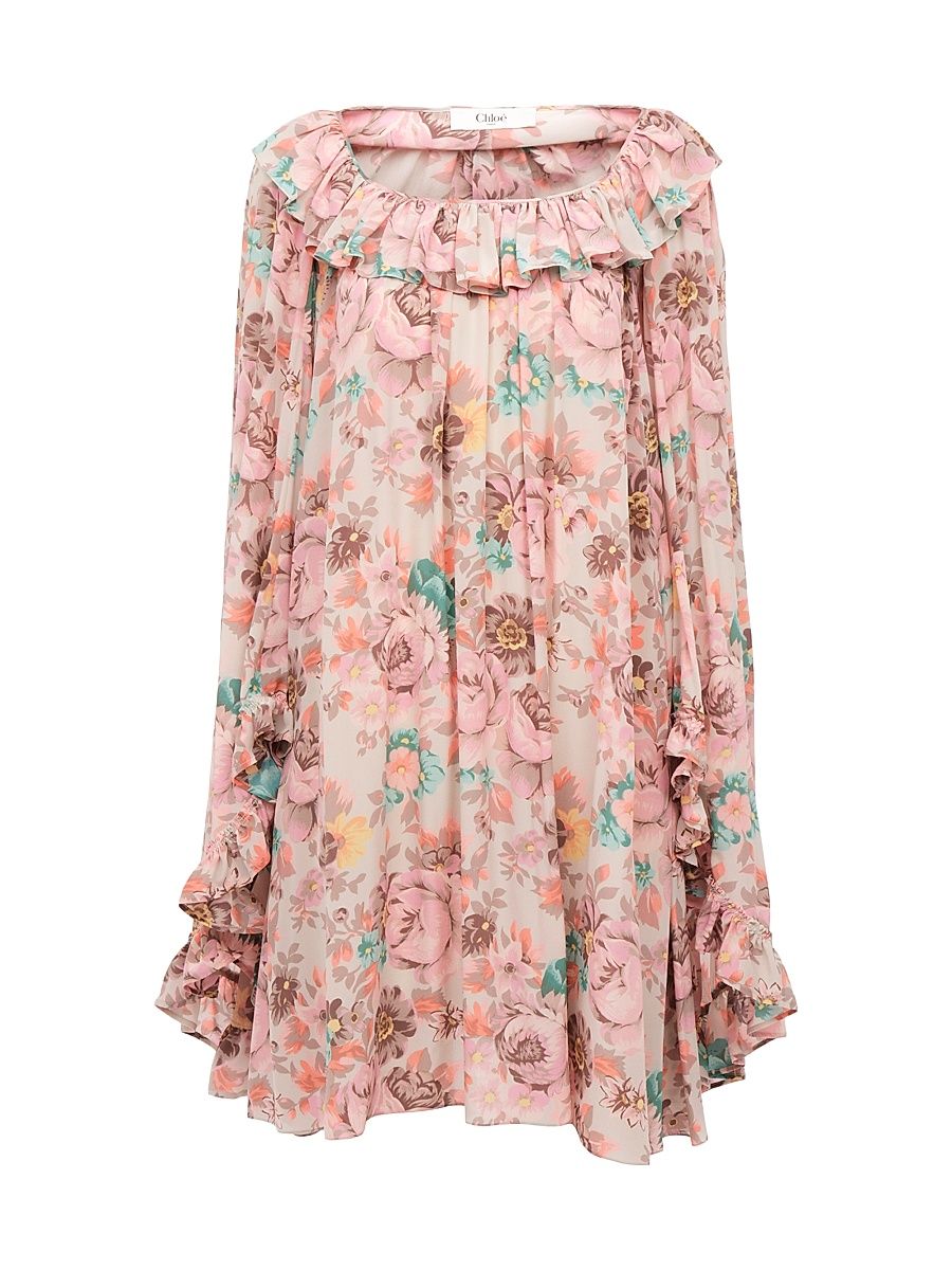 Women's Floral Silk Frill Minidress - Muddy Grey - Size 2