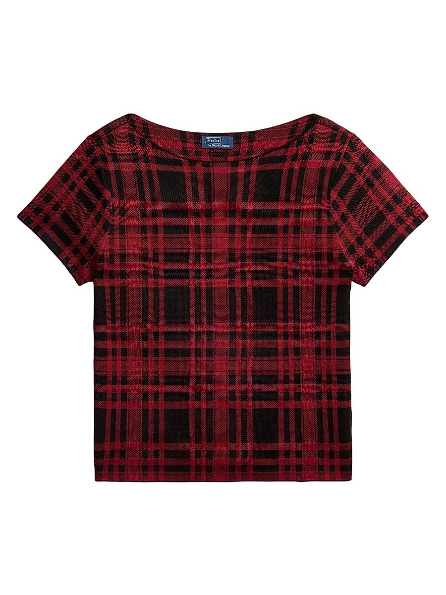 Women's Plaid Short-Sleeve Crop Sweater - Polo Black Fireside Red - Size Small