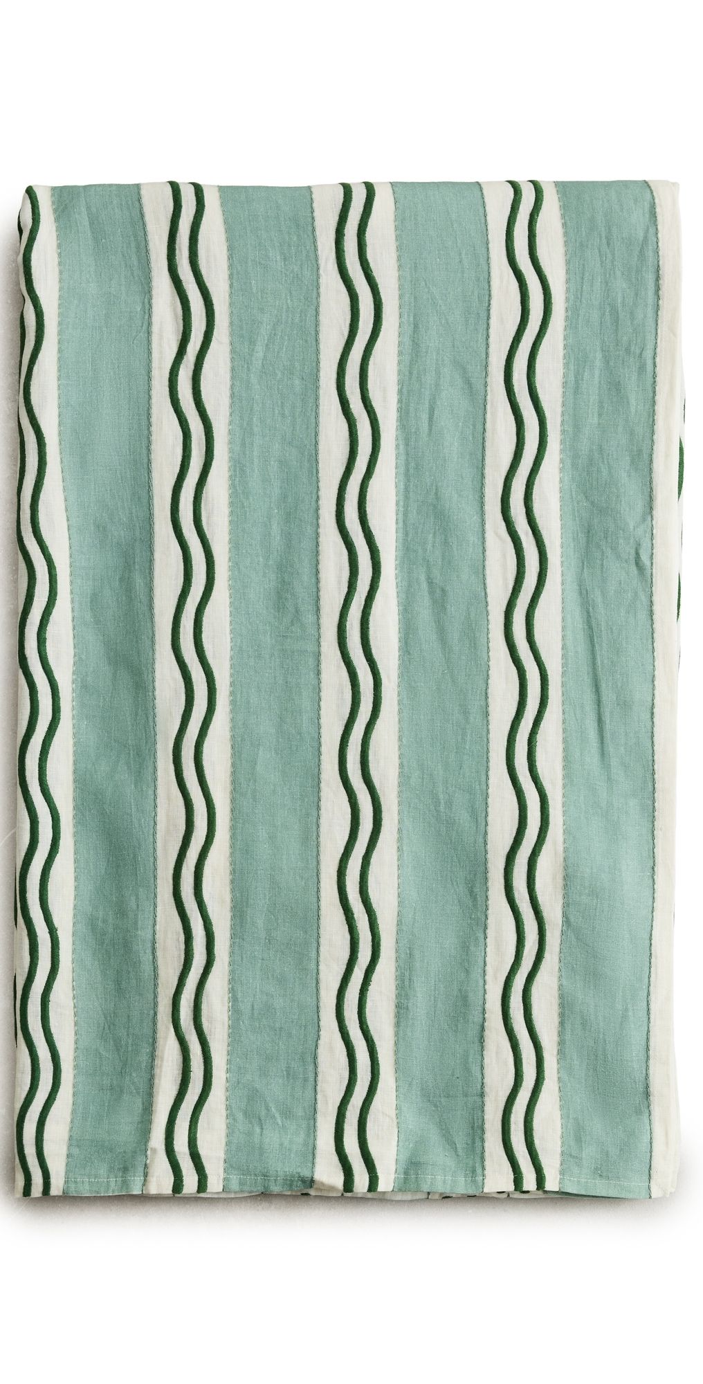 Misette Stripe Embroidered Linen Tablecloth Green One Size