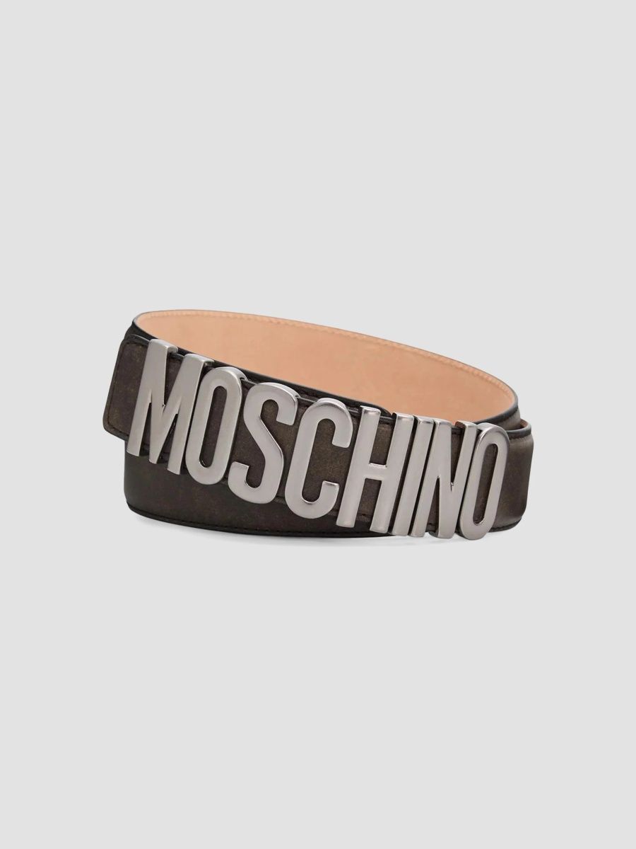 Moschino Men's Logo Hardware Leather Belt - Black Taupe - Size 38