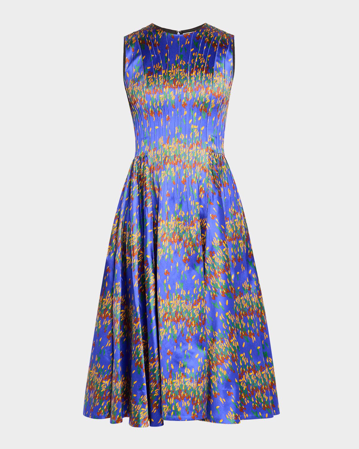 Printed Silk Pintuck Midi Dress