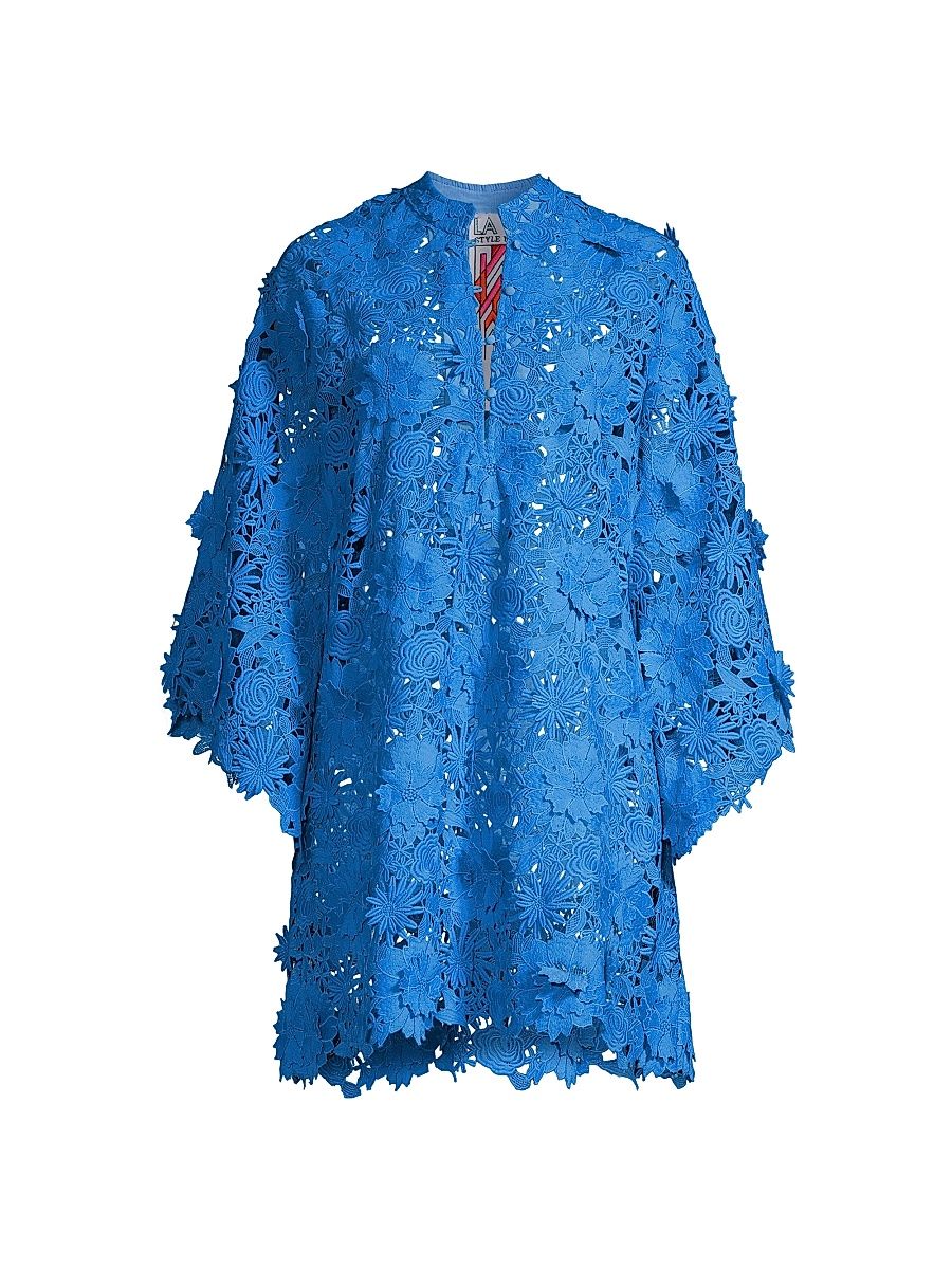Women's Floral Lace Mini Caftan - Cobalt