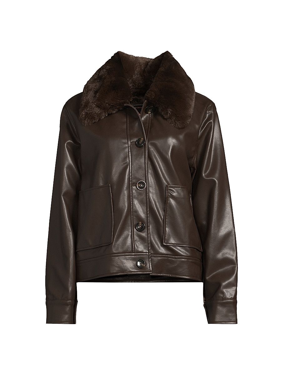 Women's Faux Fur-Trimmed Faux Leather Jacket - Chocolate - Size XL