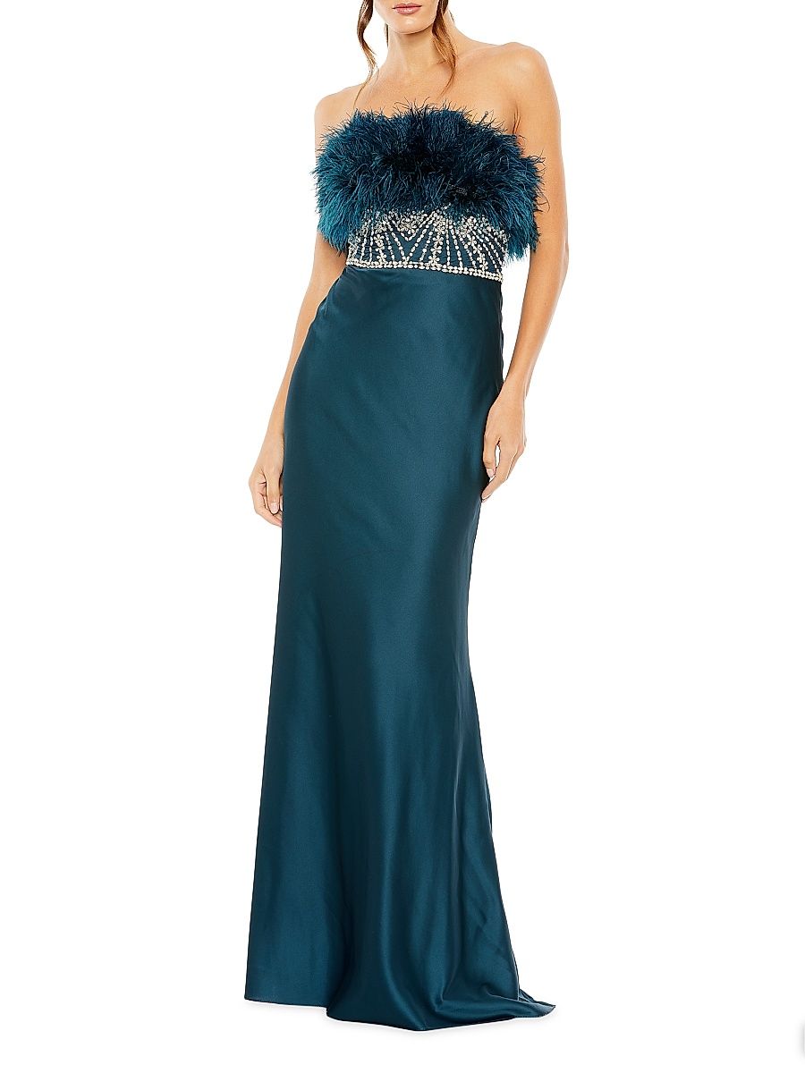 Women's Feather Rhinestone Column Gown - Teal - Size 4