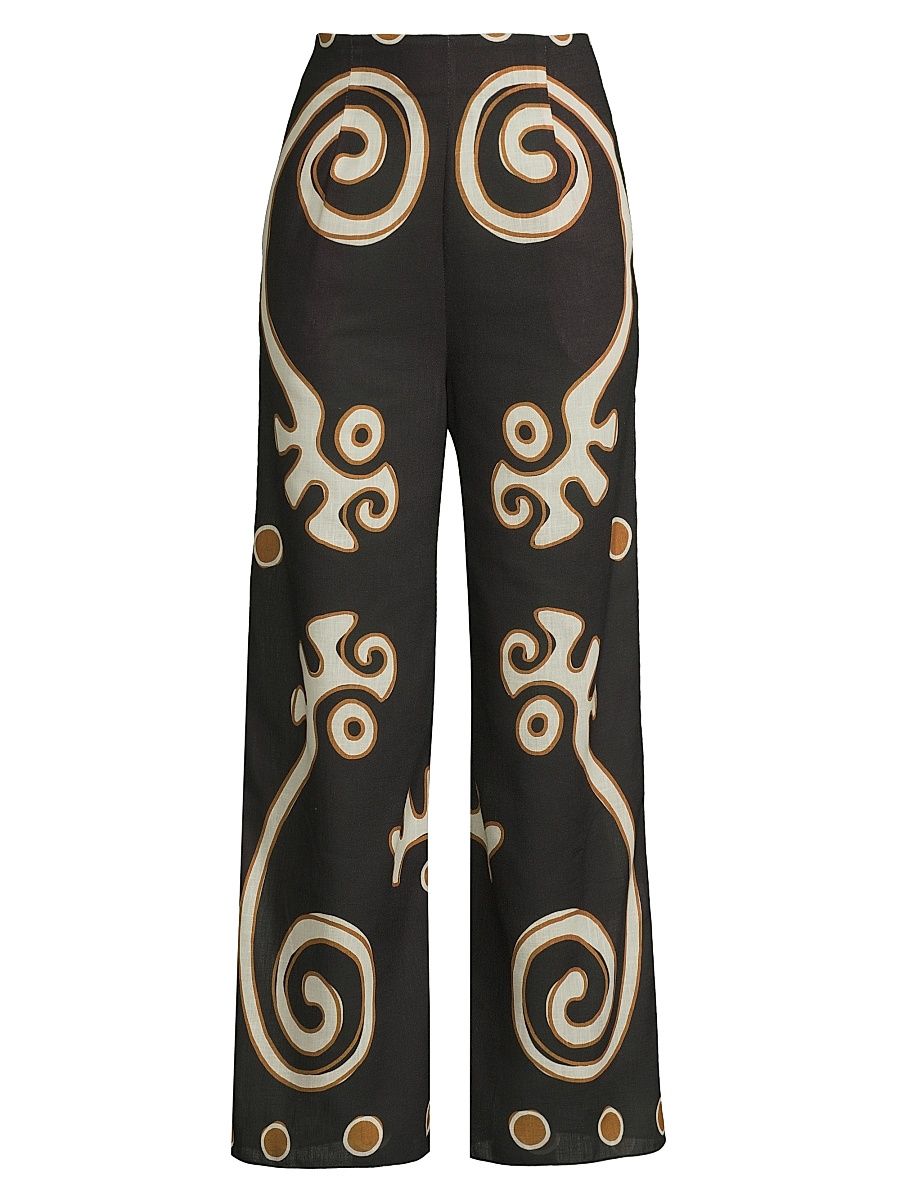 Women's Toya Abstract Linen Wide-Leg Pants - Black Multi - Size Large