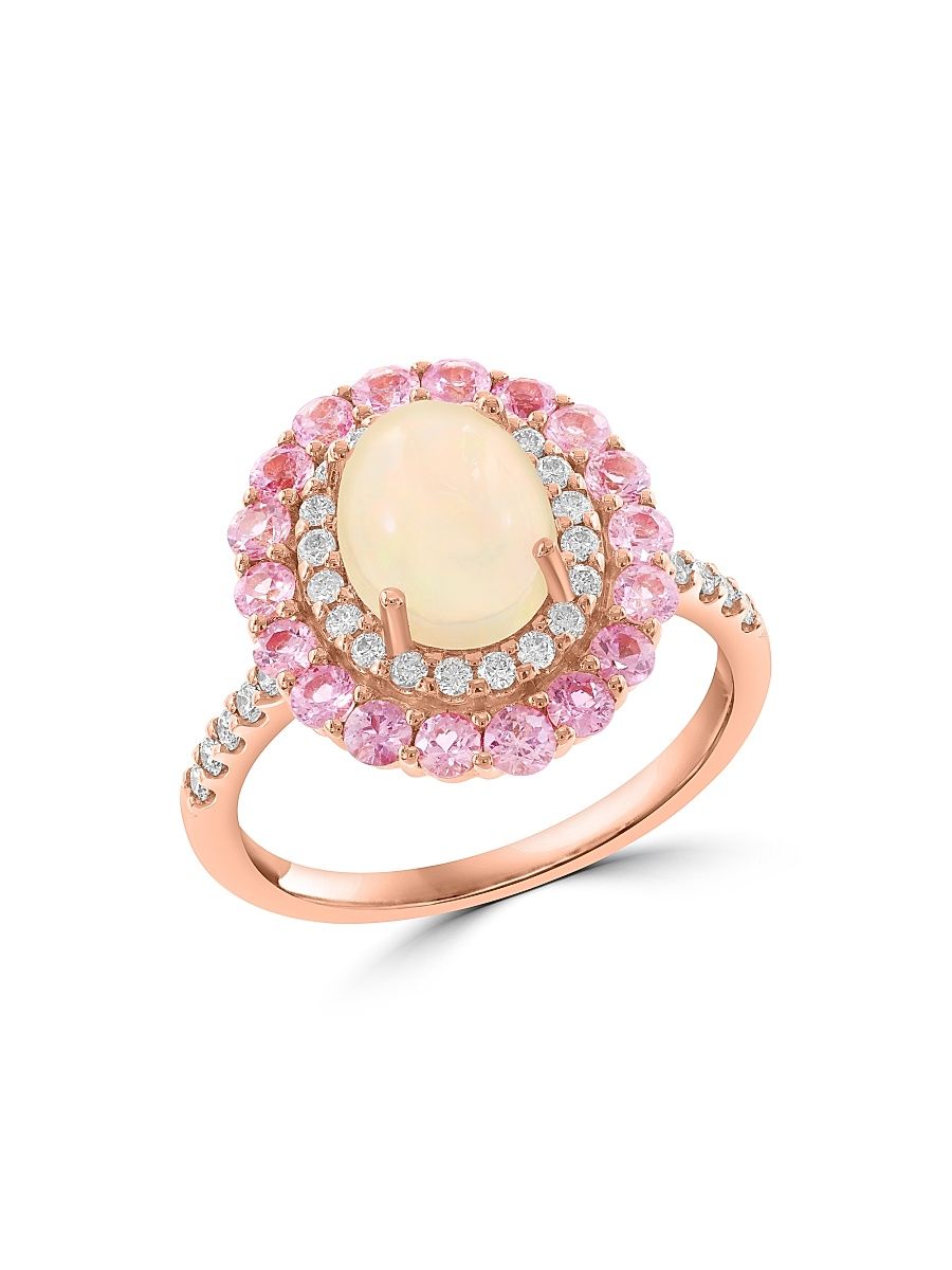 Women's 14K Rose Gold Ethiopian Opal, 0.32 TCW Diamond & Sapphire Halo Ring - Rose Gold - Size 7