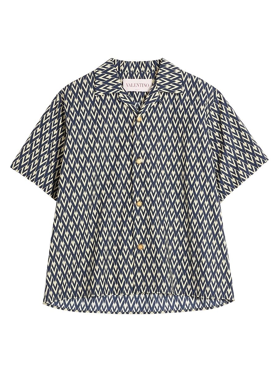 Men's Cotton Popeline Bowling Shirt with Toute La V Print - Navy Cream - Size 34