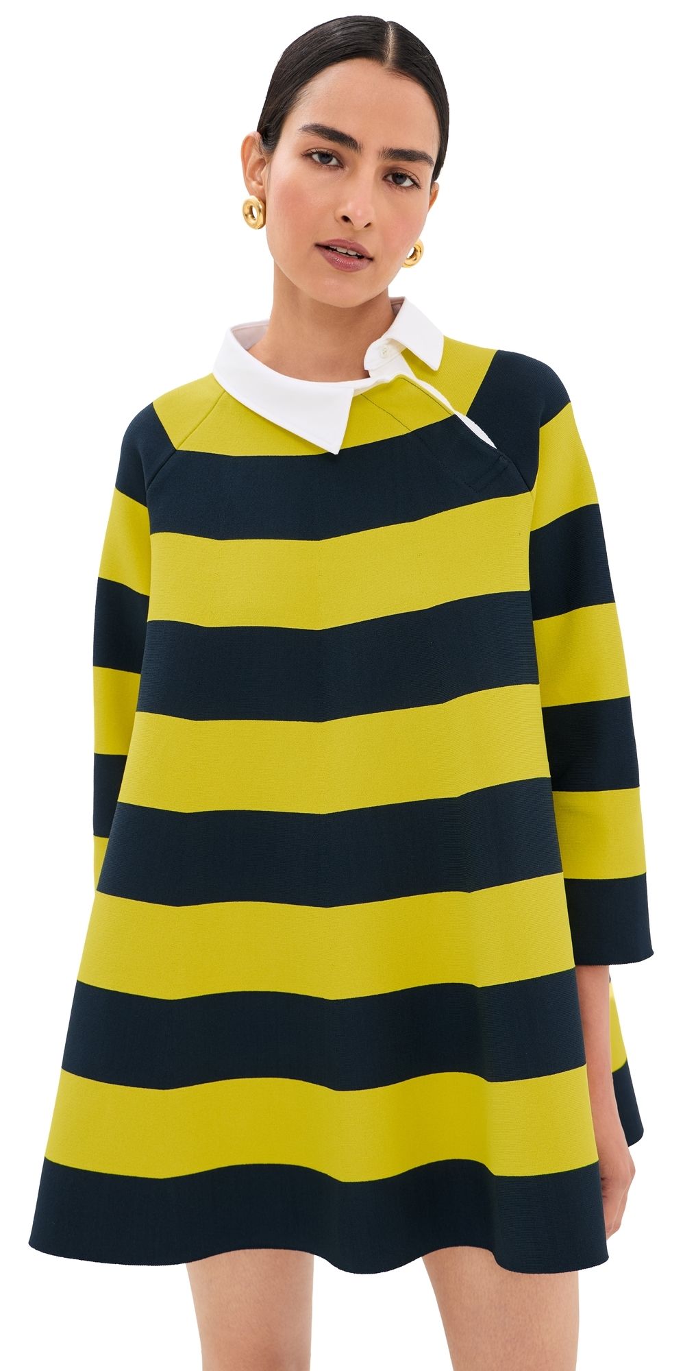 A. W.A. K.E. MODE Striped Flared Knit Mini Dress Yellow/Navy Striped S