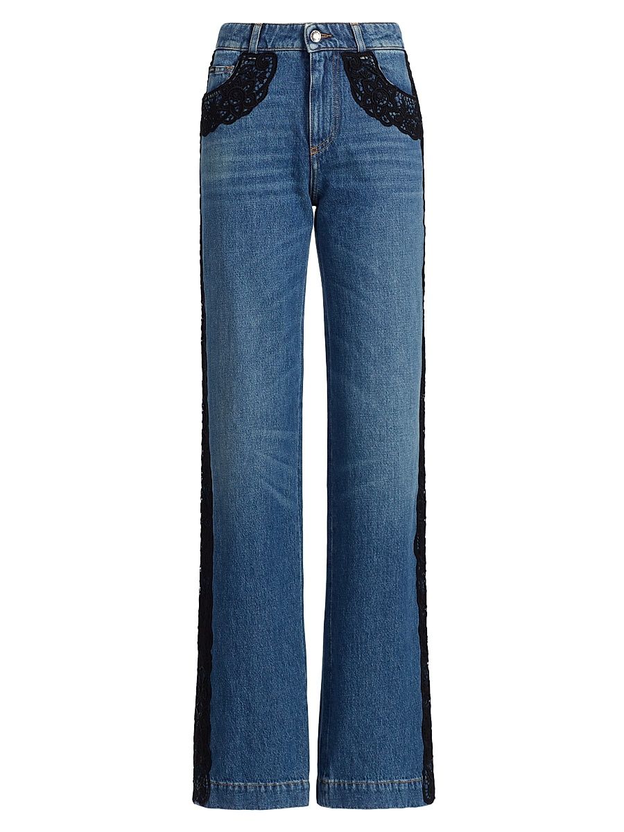Women's Lace-Trimmed Straight Mid-Rise Jeans - Navy - Size 10