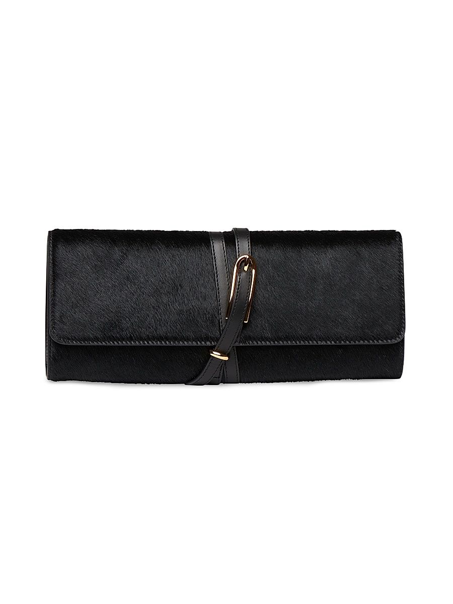 Women's Calf Hair & Leather Belted Clutch - Black Gold