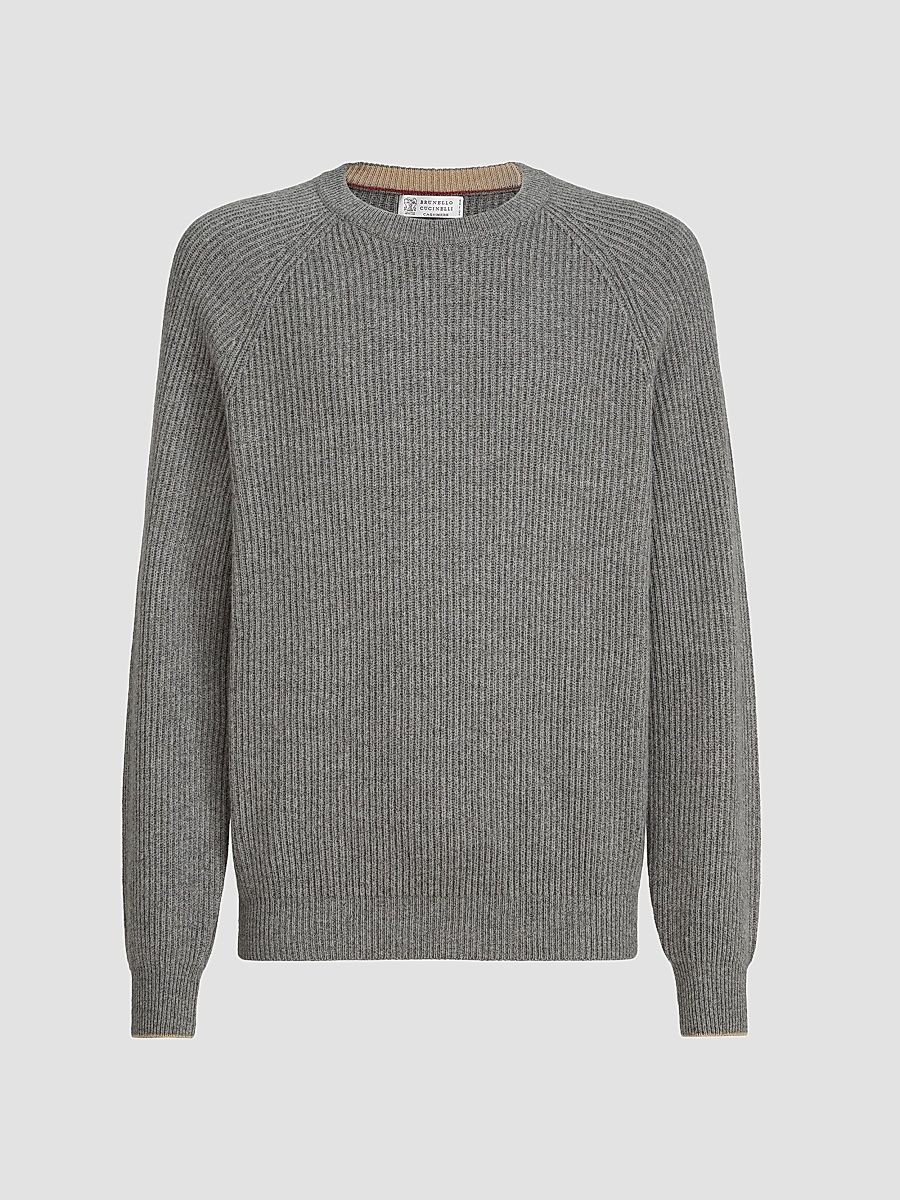 Men's Cashmere English Rib Sweater with Raglan Sleeves - Dark Grey - Size 46