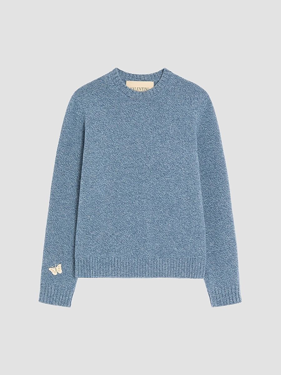 Men's Wool Sweater with Embroidered Butterfly Patch - Slate Blue - Size Medium