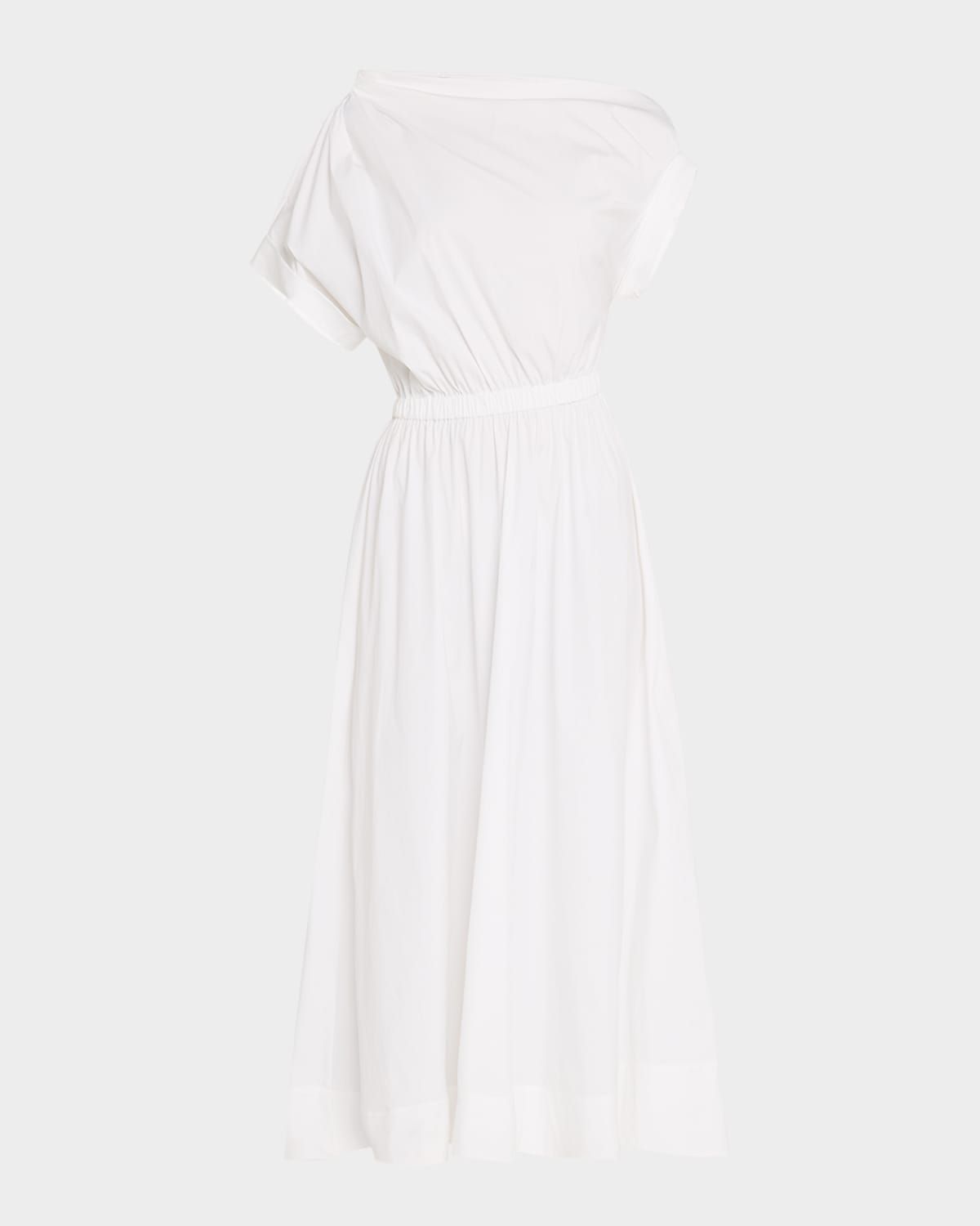 Short-Sleeve Draped Shoulder Midi Dress