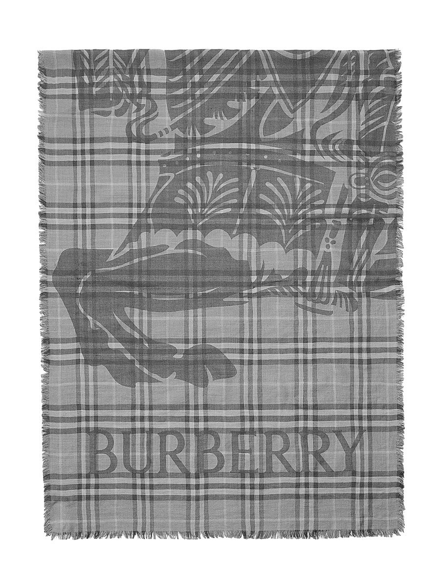 Women's Checked EKD Logo Wool-Silk Scarf - Mitten Grey