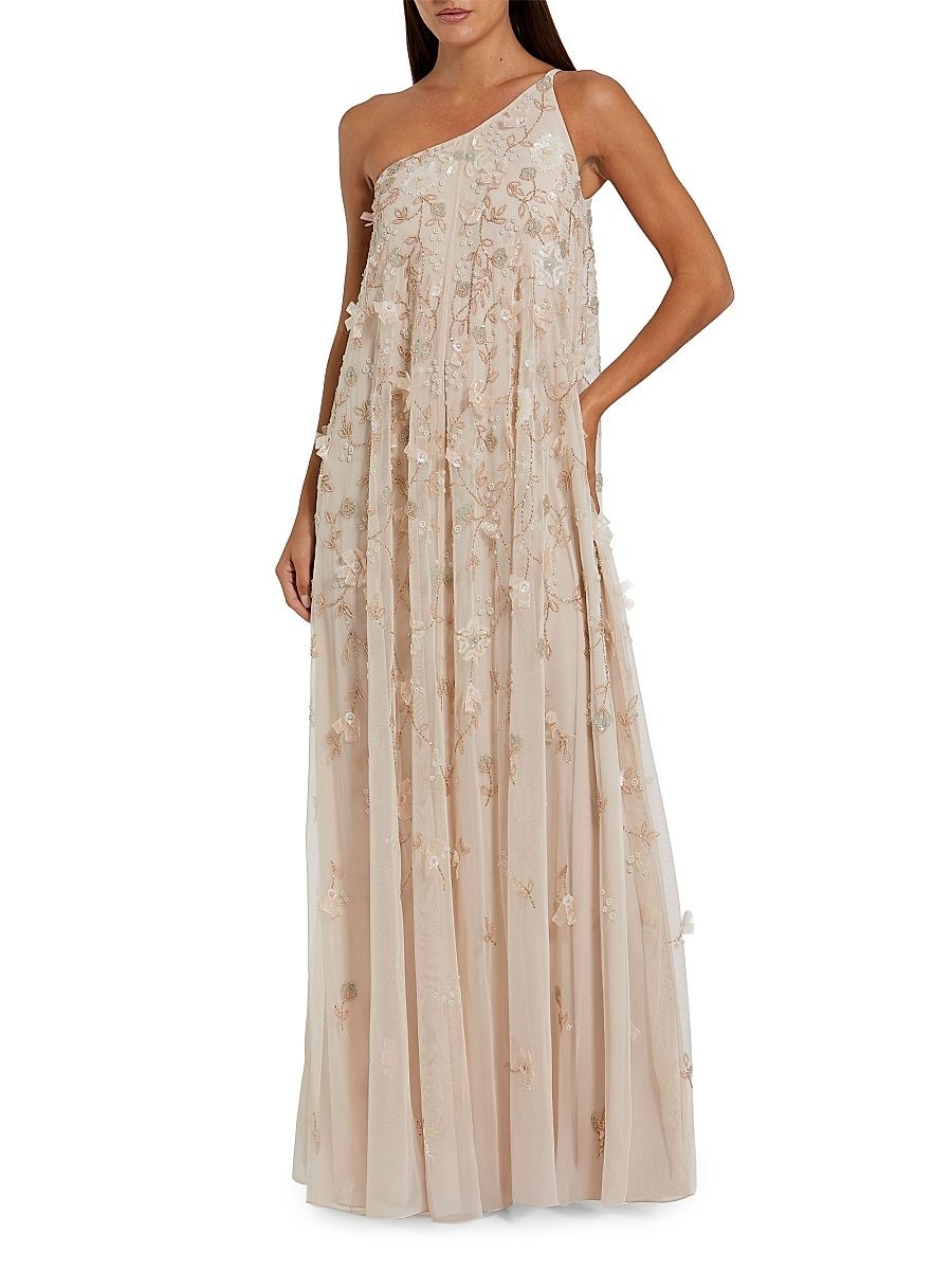 Women's Floral-Embellished Mesh One-Shoulder Gown - Vanilla - Size 16