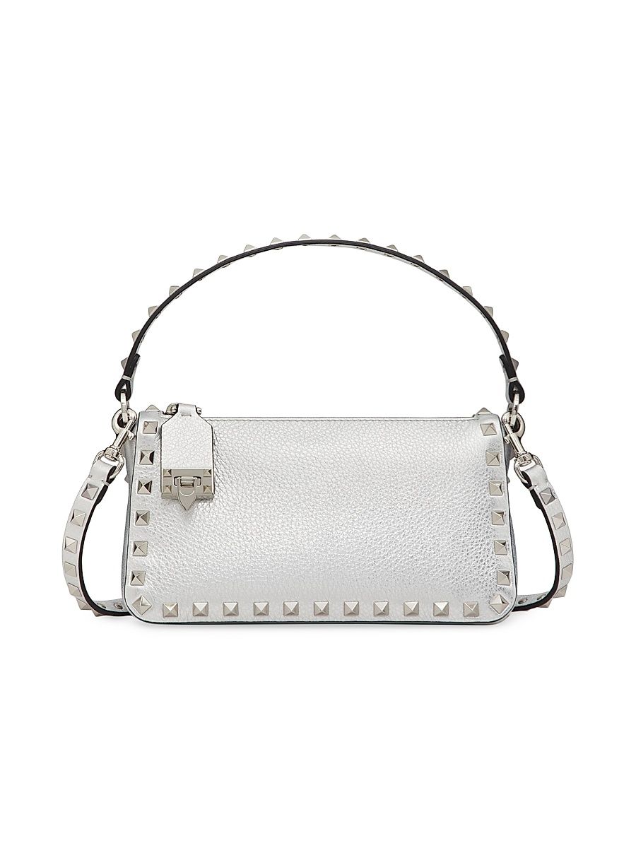 Women's Small Rockstud Grainy Metallic Calfskin Crossbody Bag - Silver