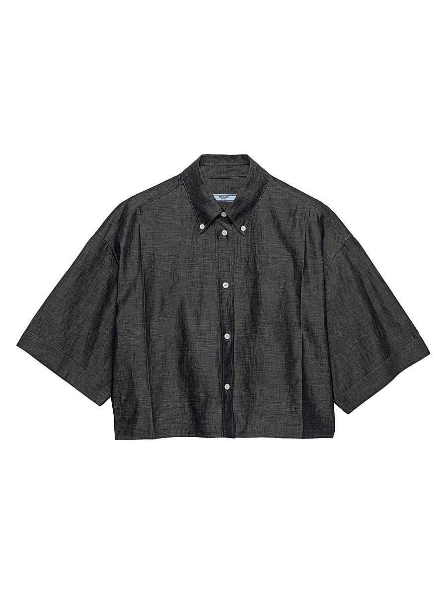 Women's Short-Sleeved Chambray Shirt - Blue Black - Size 8