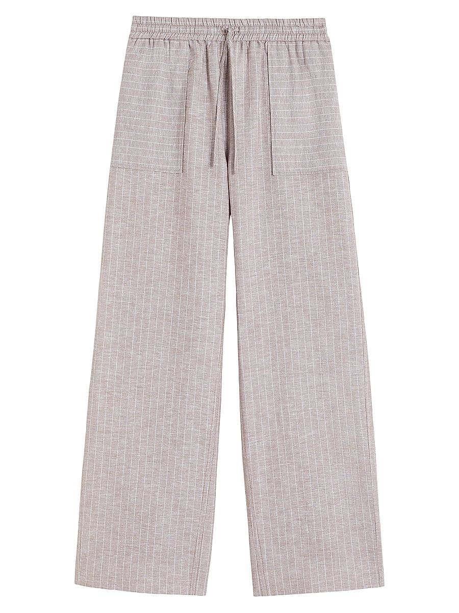 Women's Striped Cotton and Linen Trousers - Beige - Size 16