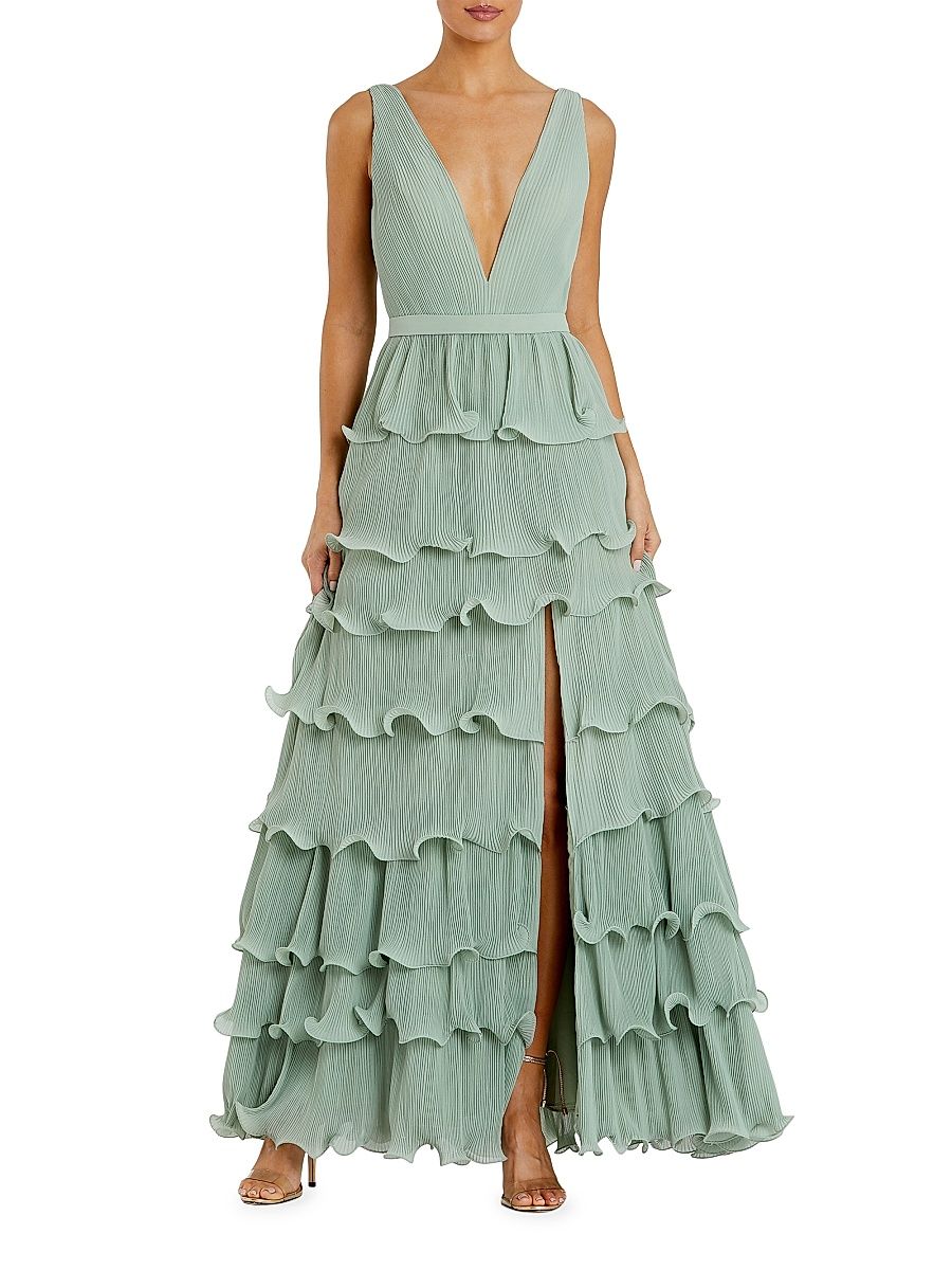 Women's Ruffled V-Neck Tiered Maxi Dress - Sage - Size 16